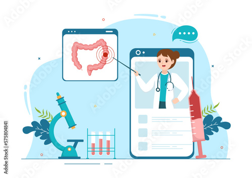 Proctologist or Colonoscopy Illustration with a Doctor Examines of the Colon and Harmful Bacteria in Cartoon Hand Drawn for Landing Page Templates © denayune
