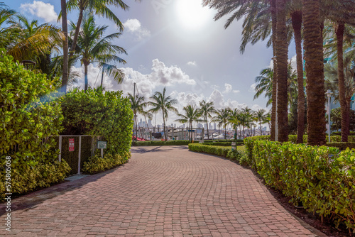 Stone bricks pavement with bushes and palm trees on the side at Miami River Walk- Miami, Florida. Pathway with gate on the left and a view of boats at the background under the sun.