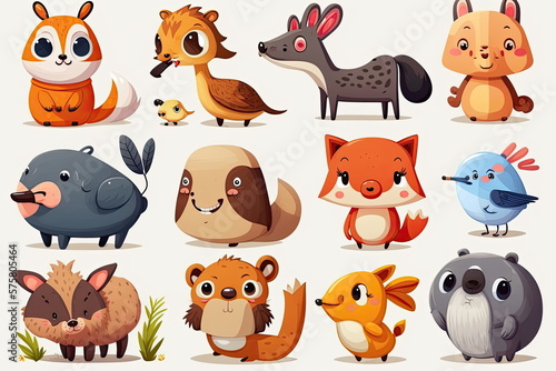 Set of cute cartoon animal, vector illustration, white background, Made by AI,Artificial intelligence