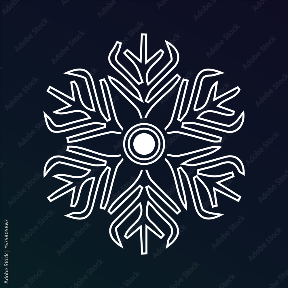 a line of white ice crystal snowflakes on a dark blue background. Symbol of winter. Christmas logo sign. Vector pattern illustration .