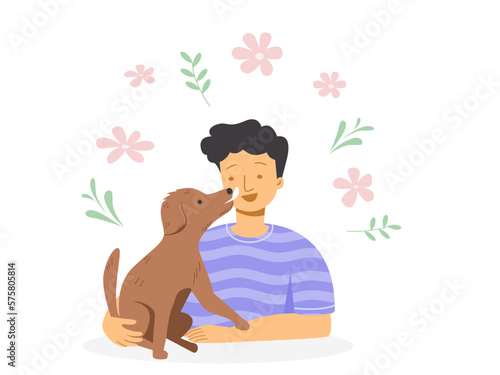 A dog licking of a boy's face, dog therapy concept. Flat vector illustration.	