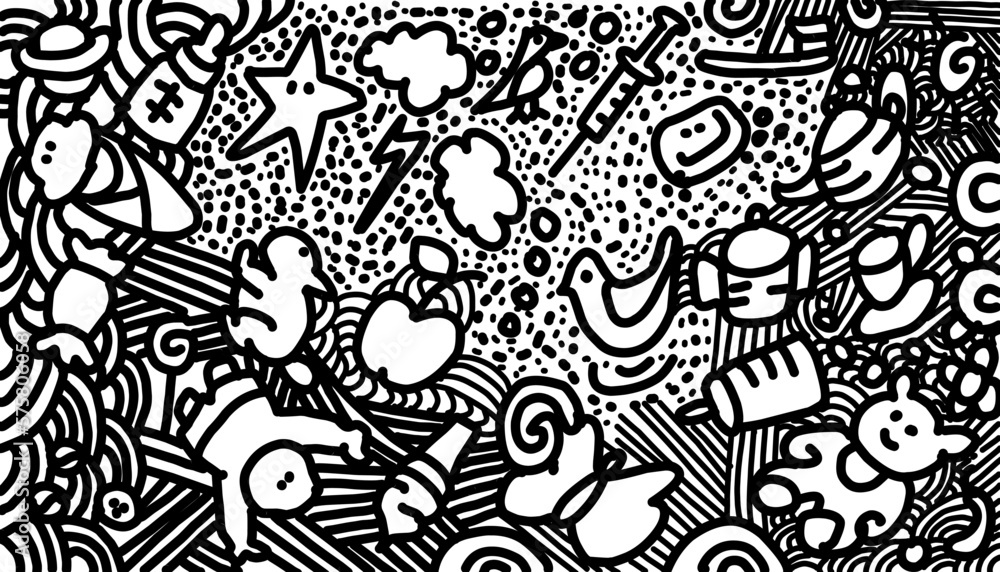 Black and white doodle background illustration. Perfect for website wallpapers, posters, invitation cards, book covers