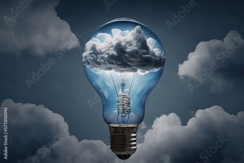 Illustration of light bulb with clouds, concept of ideas and creativity. Generative AI