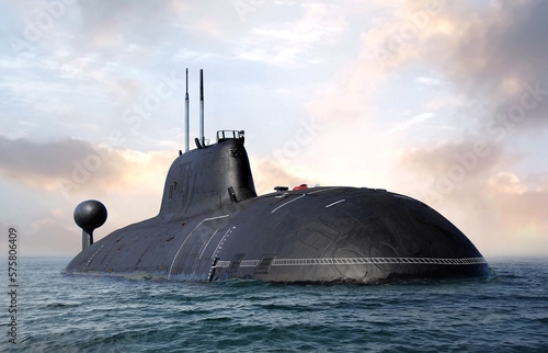 Naval submarine on open sea surface under cloudy sky