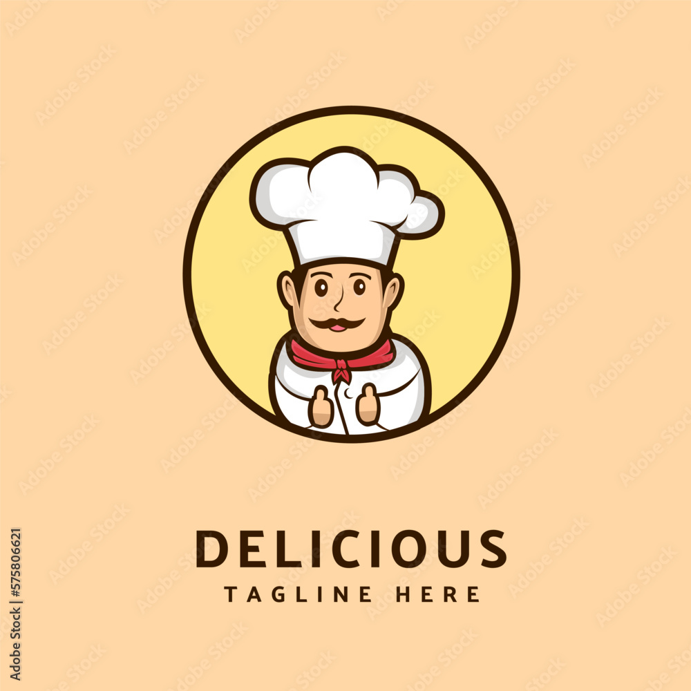 Professional restaurant chef logo, Smiling male chef. Vector illustration for Food industry chef character.
