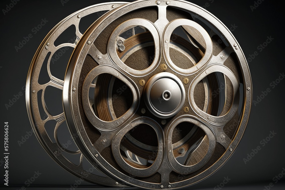 Obraz premium Old cinema film reel, black background. Generative AI