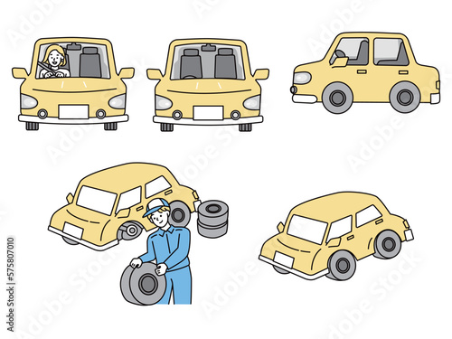 車のイラスト(運転、免許、整備、タイヤ交換、トラブル、点検、整備、整備士) Illustration of the car. Driving, licensing, maintenance, tire replacement, trouble, inspection, maintenance, mechanic.