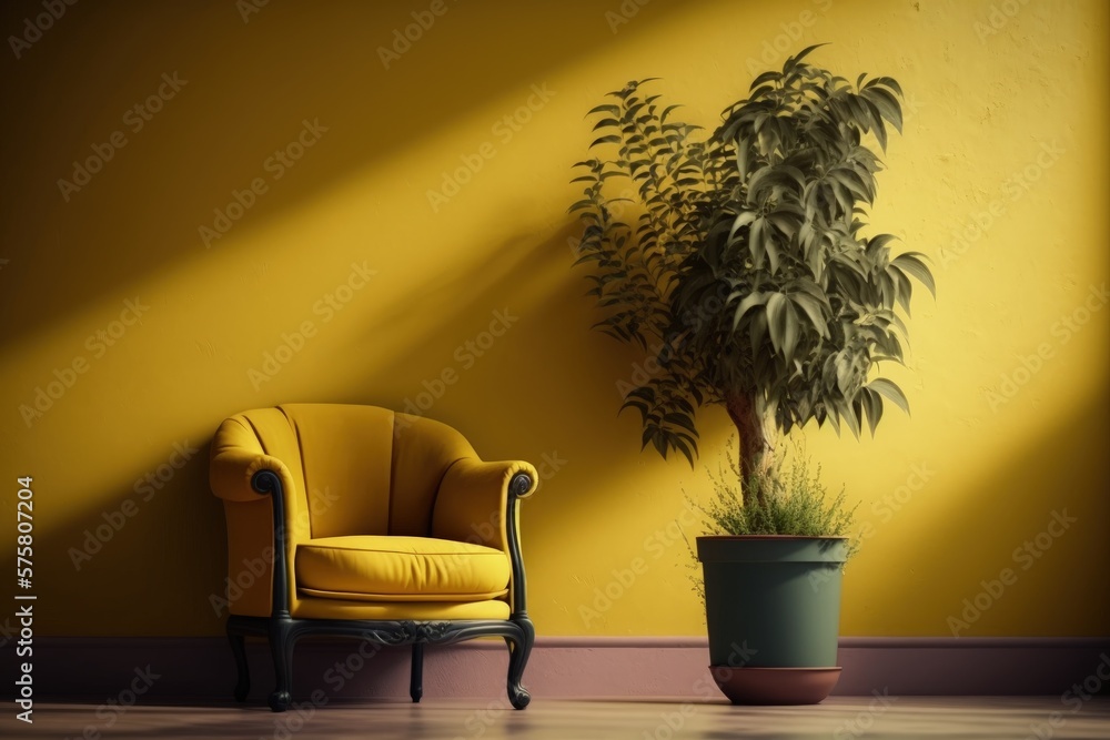 Illustration of yellow wall, armchair and potted plant. Generative AI