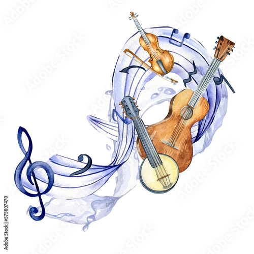 Treble clef, notes and banjo watercolor illustration on white. String musical instruments, guitar, violin hand drawn. Design for party flyer, concert events, brochure, festival poster, postcard.
