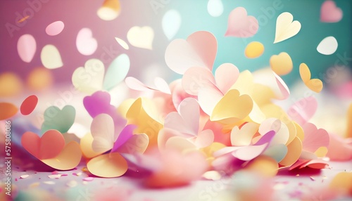 This image depicts a colorful carnival atmosphere, with many flower petals falling in front of a pastel background with bokeh (blurred lights) in the background.