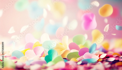 This image depicts a colorful carnival atmosphere, with many flower petals falling in front of a pastel background with bokeh (blurred lights) in the background.