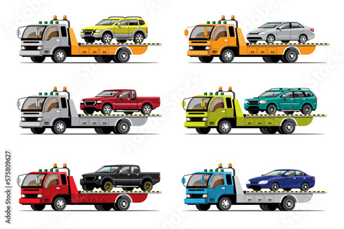 set of towing car trucking  auto transport vector illustration