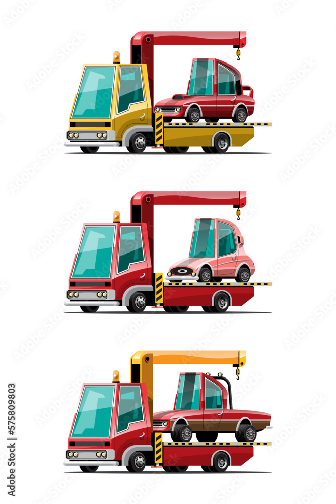 set of towing car trucking  auto transport vector illustration