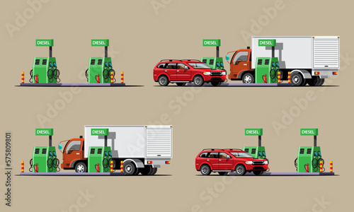 Automobile and truck filling up at the gas station vector illustration
