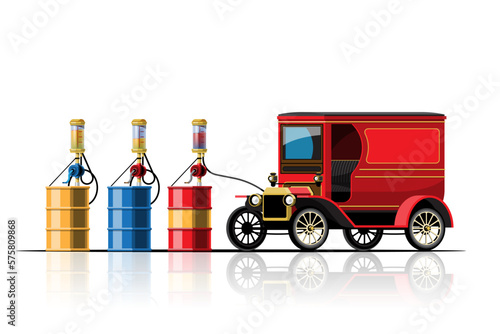 Vintage car filling up oil with hand pump vector illustration