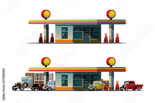 vintage cars park to filling up at oil station vector
