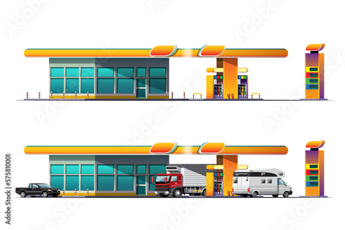 Automobile and van car filling up at oil station vector