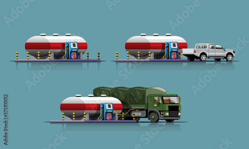 Truck and pick-up car filling up at oil tank station vector
