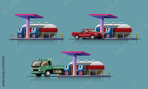 Truck and pick-up car filling up at oil tank station vector