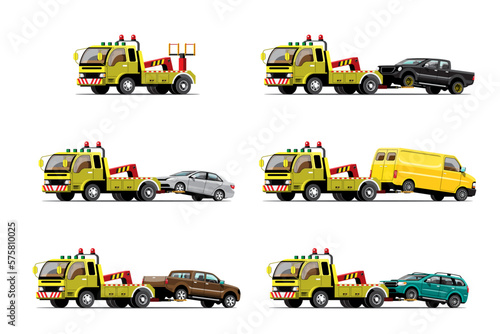 set of towing car trucking  auto transport vector illustration