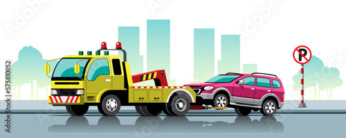 Towing car trucking  auto transport on road vector illustration