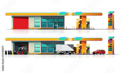 Automobile and truck car filling up at oil station vector
