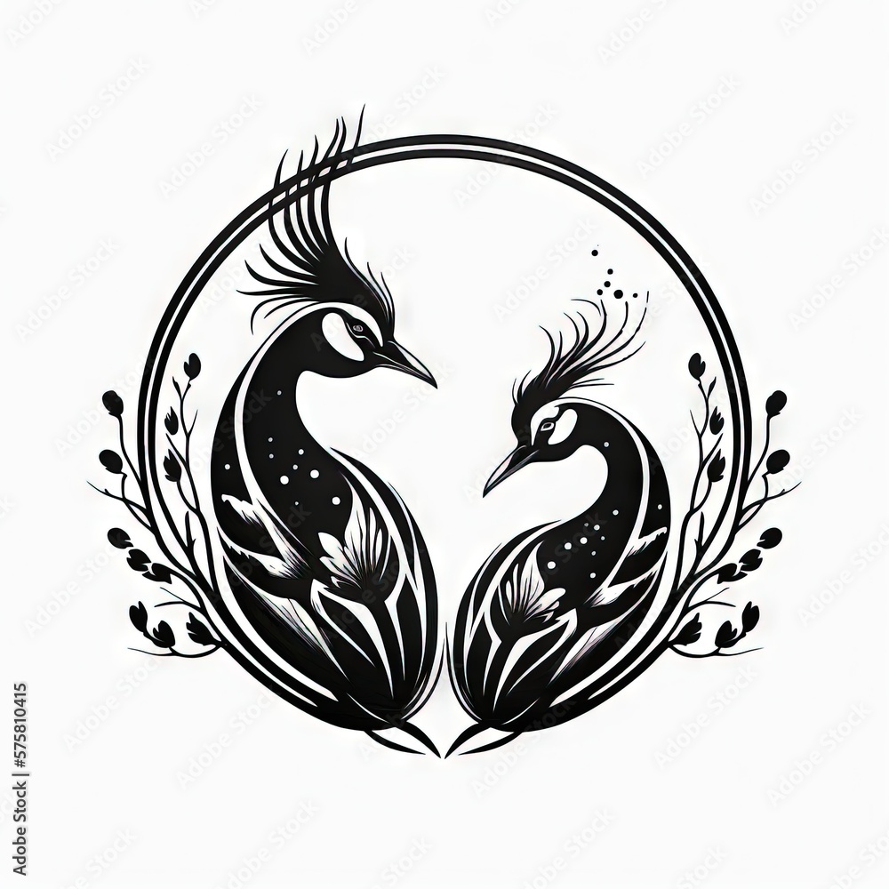 two peacocks black and white 2D minimalist luxury logo vector logo on white background Generative AI two peacocks black and white 2D minimalist luxury logo vector logo on white background Generative AI