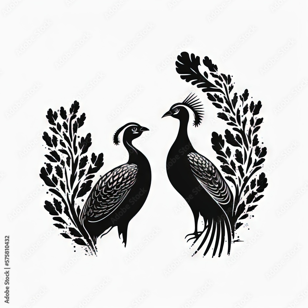 two peacocks black and white 2D minimalist luxury logo vector logo on white background Generative AI two peacocks black and white 2D minimalist luxury logo vector logo on white background Generative AI
