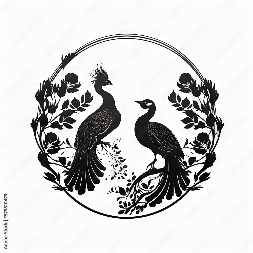 Fototapeta premium two peacocks black and white 2D minimalist luxury logo vector logo on white background Generative AI