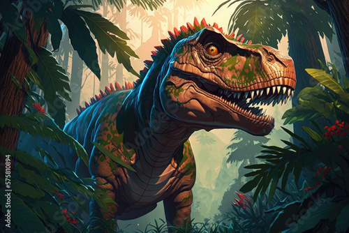 The colorful design of a dinosaur, leaves, forest, lush, green, colors, dinosaurs, fantasy, scifi, science, fiction, © Bernice