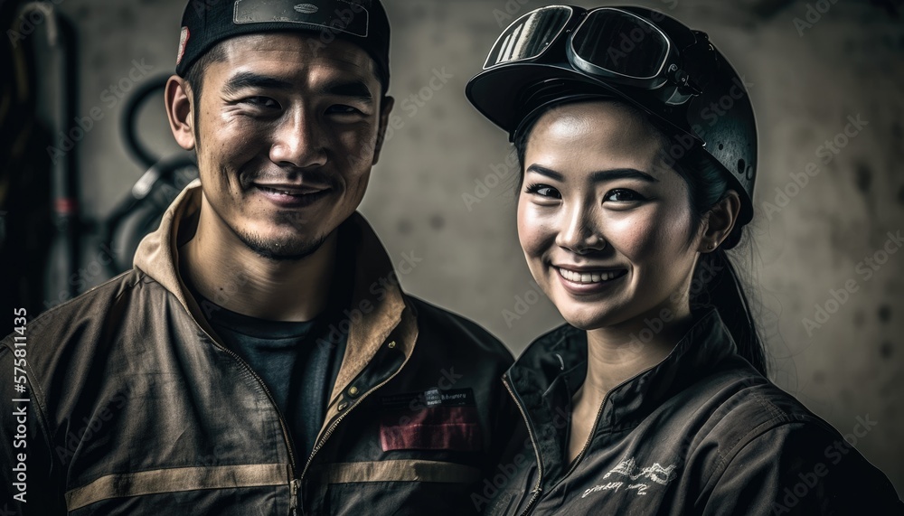 Empowering Confidence and Relationship in the Workplace: Celebrating National Couple's Day with Diversity Inclusivity in the Industry with Asian Mechanic Couple (generative AI Empowering Confidence and Relationship in the Workplace: Celebrating National Couple's Day with Diversity Inclusivity in the Industry with Asian Mechanic Couple (generative AI
