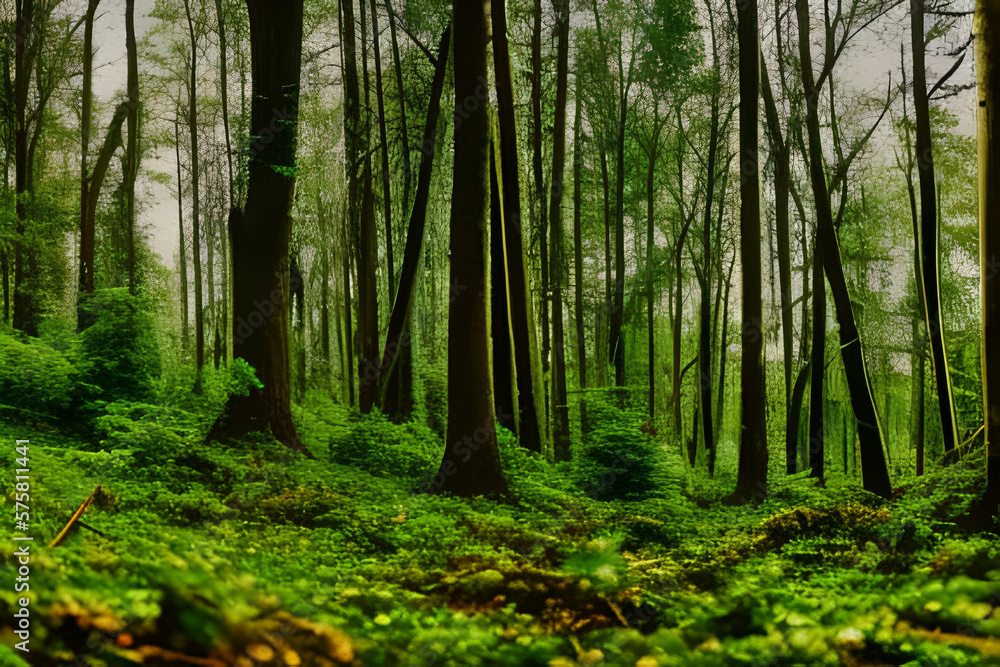 Forest Floor Covered with Green Brush and Trees Slopes Up Generative AI illustration