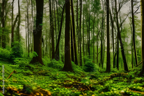 Forest Floor Covered with Green Brush and Trees Slopes Up Generative AI illustration