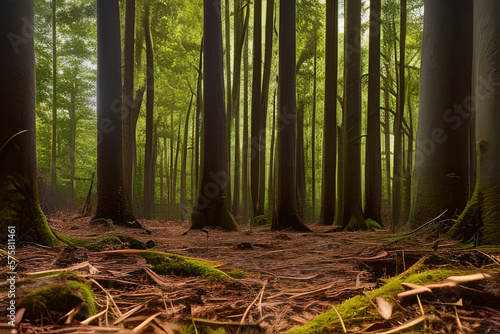 Forest Floor Covered Wood Chips  Ferns and Trees Slopes Up Generative AI illustration