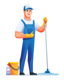 Cleaning service man with mop and bucket. Male janitor cartoon character