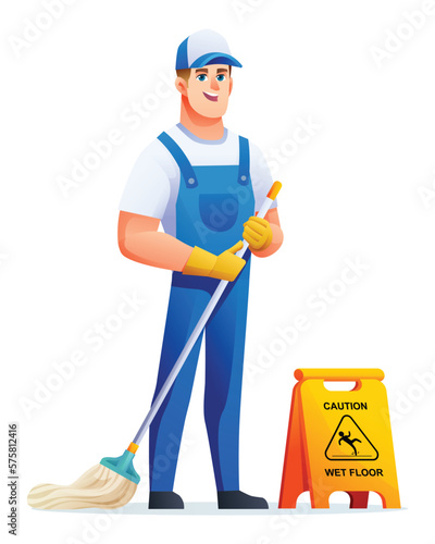 Cheerful cleaning service man with mop. Male janitor cartoon character