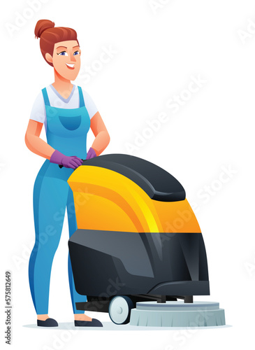 Cleaning service woman with scrubber machine. Female janitor cartoon character