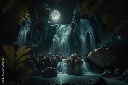 Virgin Waterfall at Night Illustration 3. Generative AI