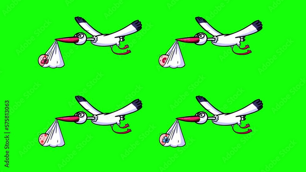 Four same looking cartoon storks with four different babies. Stork ...