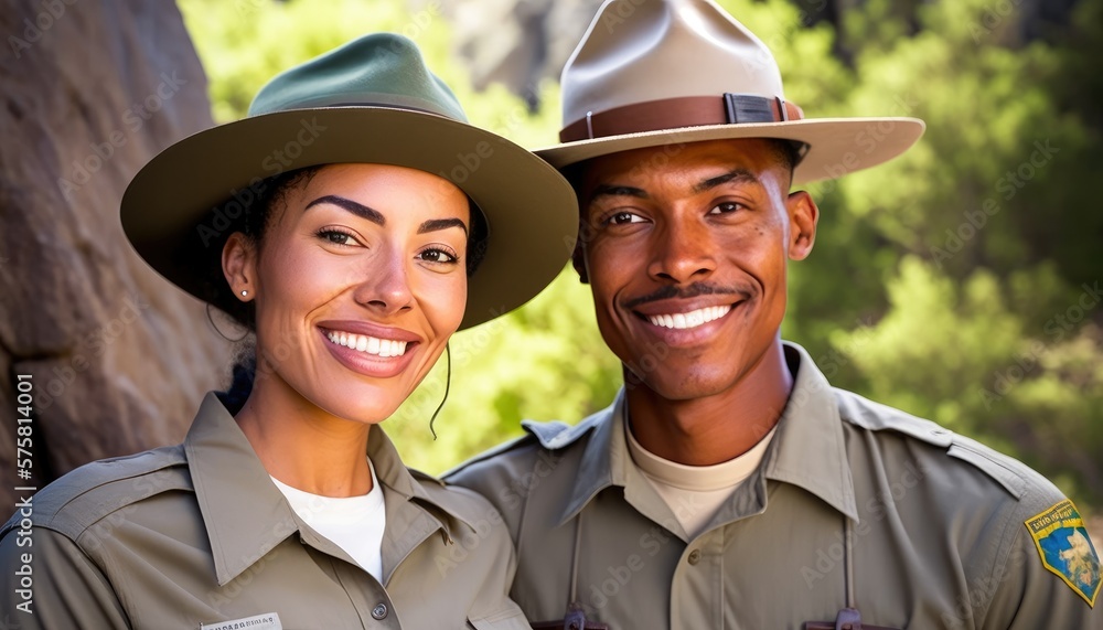 Empowering Confidence and Relationship in the Workplace: Celebrating National Couple's Day with Diversity Inclusivity in the Industry with Multiracial Park ranger Couple (generative AI Empowering Confidence and Relationship in the Workplace: Celebrating National Couple's Day with Diversity Inclusivity in the Industry with Multiracial Park ranger Couple (generative AI