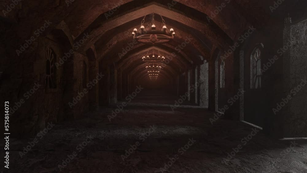 the camera flying through the endless corridor of the castle. gloomy dark looping animation. 3d render the camera flying through the endless corridor of the castle. gloomy dark looping animation. 3d render