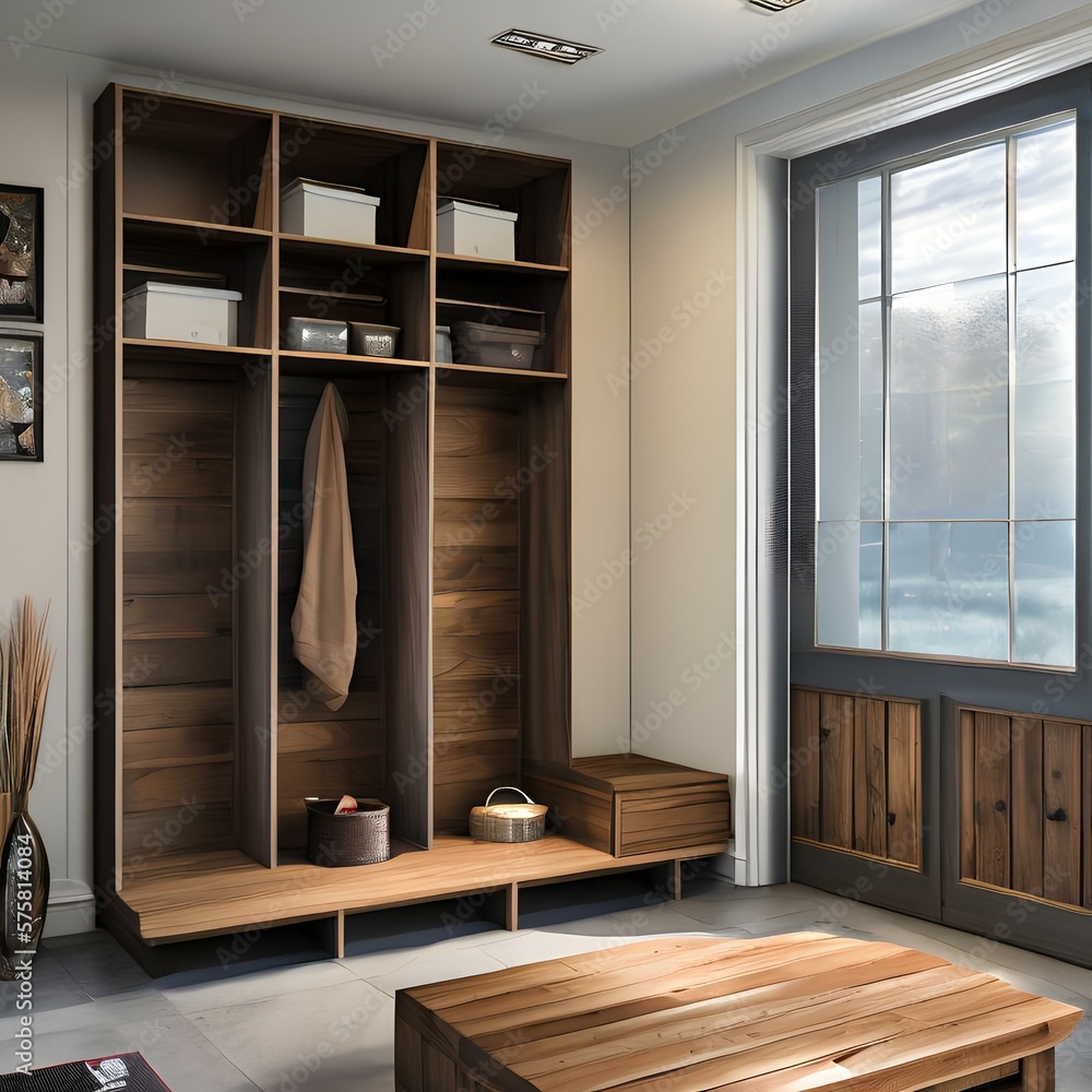 a mudroom with modern storage and a bench1, Generative AI a mudroom with modern storage and a bench1, Generative AI