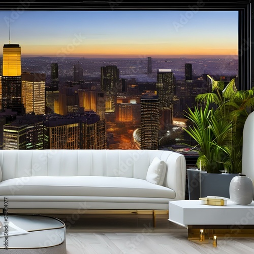 a modern living room with a white sofa and a view of the city3, Generative AI