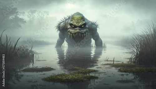 Photorealistic ai artwork of a swamp monster or bunyip. Illustration. Generative ai.