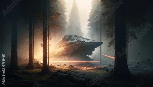 Fototapeta Naklejka Na Ścianę i Meble -  Photorealistic ai artwork of a spaceship or UFO crashing in an atmospheric and foggy forest. Generative ai.