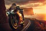 Photorealistic ai artwork of a red Italian sports motorcycle riding along a coast road at sunset. Generative ai.
