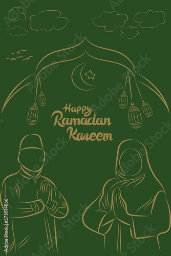 Gold and green color design of ramadan kareem with hand drawn silhouete people, lantern, moon, star, birds, clouds element