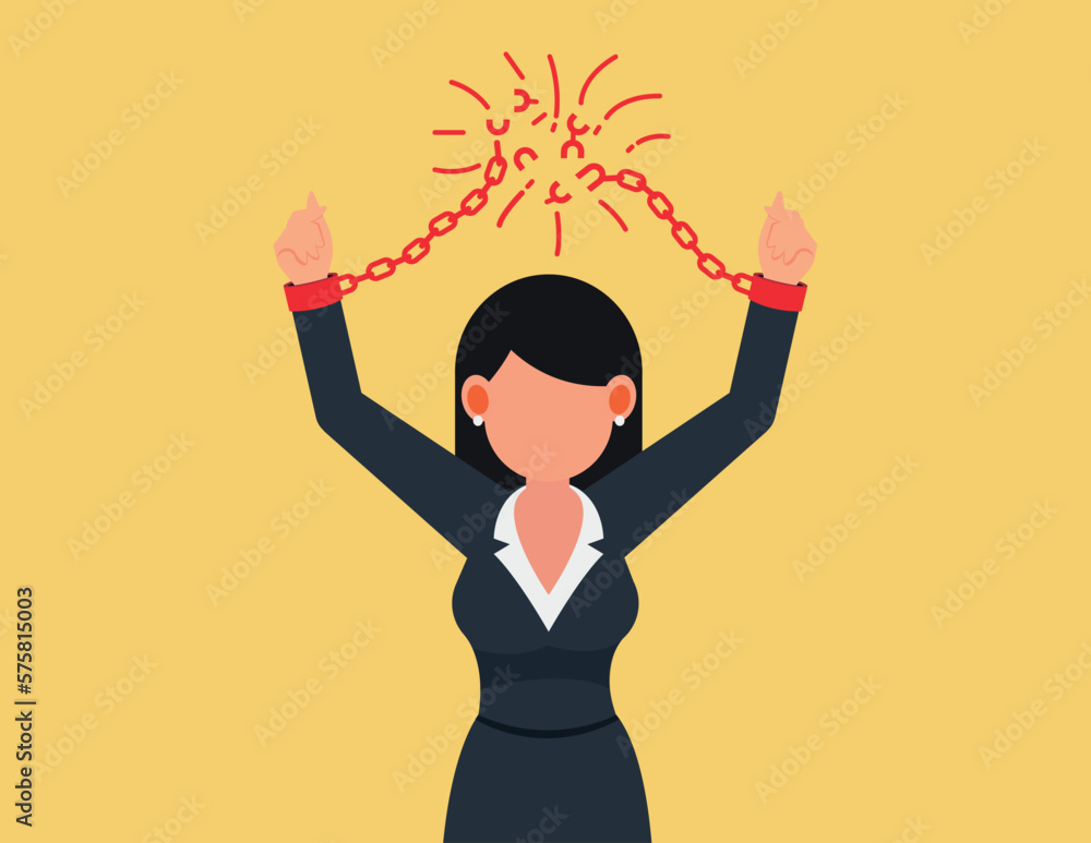 Liberation from credit slavery. business woman breaking chain shackle handcuffs.