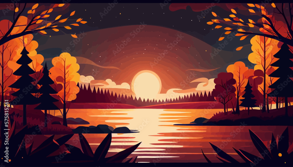 Sunset river background landscape illustration vector graphic