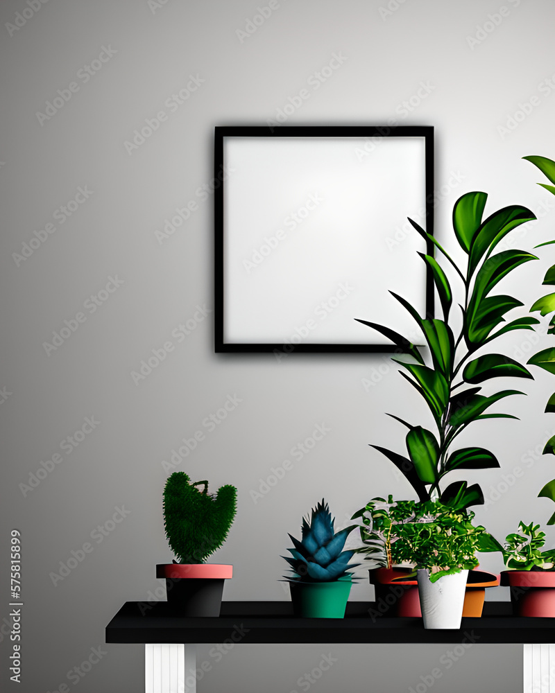 Blank picture frame mockup on wall in modern interior. Artwork template mock up in interior design. View of modern boho style interior with plant in trendy vase ai generative
